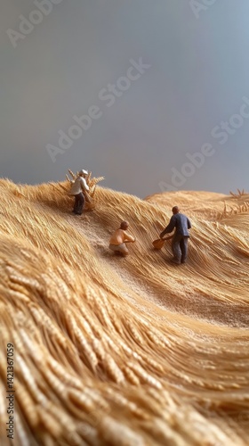 Miniature figures appear to be surfing on a wave made of wheat