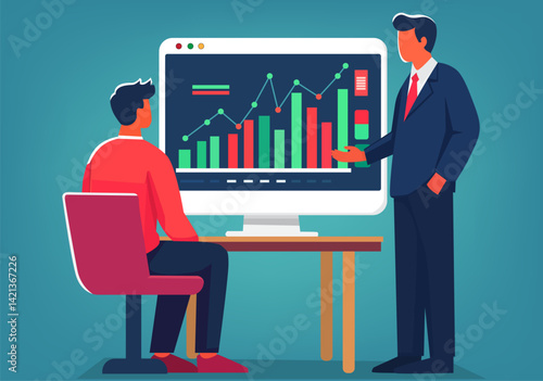 Businessman introduces clients and analyzes data or presents business graphs.