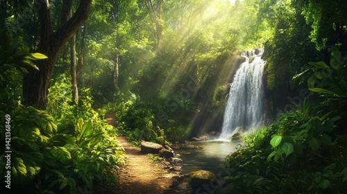 Serene Waterfall in Lush Tropical Rainforest Sunlight Beams Through Canopy Path Leads to Cascading Water