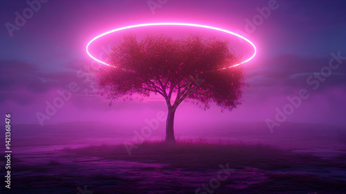 Pink Neon Ring Illuminating a Tree at Night