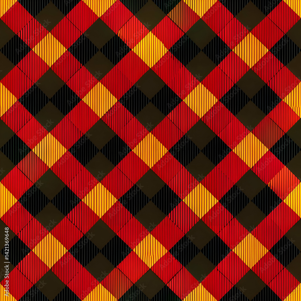 Red. gold. and black diagonal plaid pattern. Red. gold. and black diagonal plaid pattern.