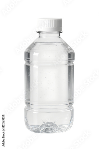 Clear square plastic water bottle with wide flat white cap, minimalist design and no label, isolated on transparent background - perfect for brand presentations or packaging. For mockups