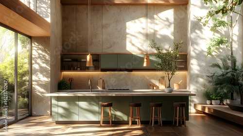 Modern Green Kitchen with Sunlight and Plants