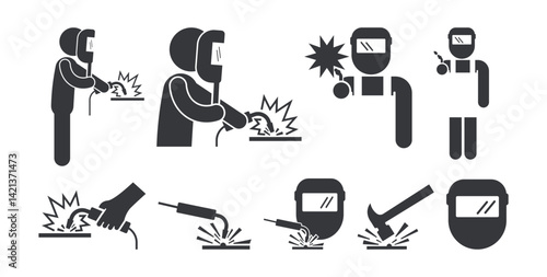 Bundle set isolated pictogram welder, welding safety sign for construction and engineering