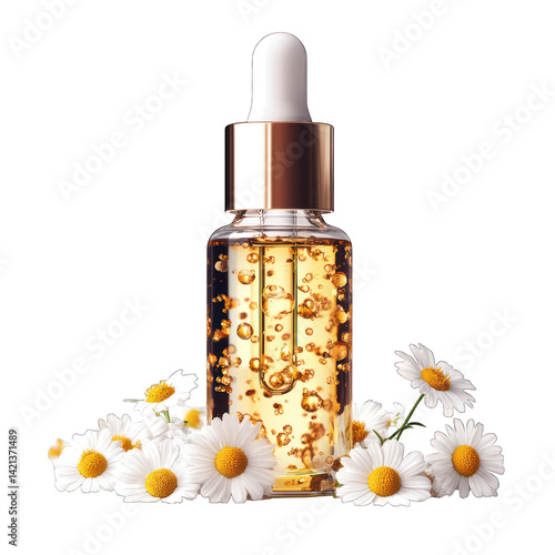 A golden serum bottle with chamomile flowers, ideal for skin care and beauty treatment.