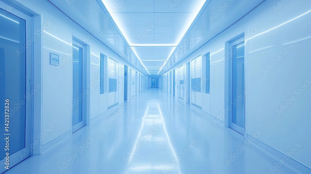 Futuristic space station corridor, with glowing blue neon panels and clean white surfaces, showing retro-futuristic design and cinematic lighting effects, empty but full of advanced sci-fi atmosphere. Futuristic space station corridor, with glowing blue neon panels and clean white surfaces, showing retro-futuristic design and cinematic lighting effects, empty but full of advanced sci-fi atmosphere.