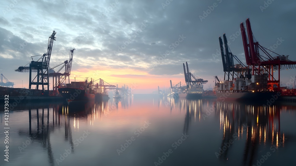 Obraz premium A picturesque view of a bustling container port at sunrise with cargo cranes and ships reflected in the calm waters below a vibrant cloudy sky