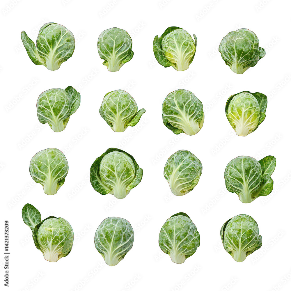 A grid of various angles and views of fresh, green Brussels sprouts, displayed for their shape and texture. A grid of various angles and views of fresh, green Brussels sprouts, displayed for their shape and texture.