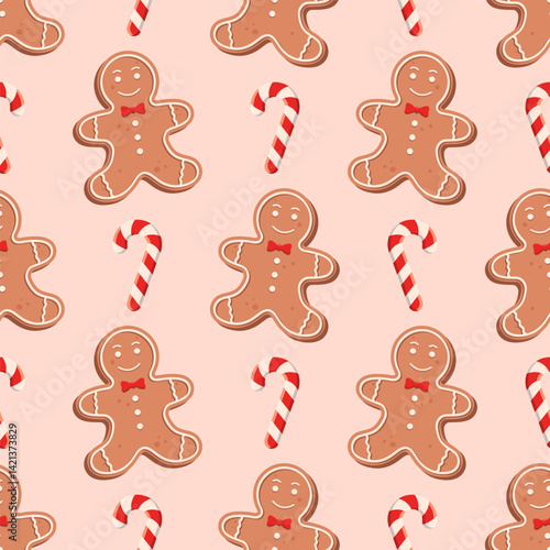 Seamless pattern with gingerbread man and candy cane on a light beige background. Vector holiday background.	