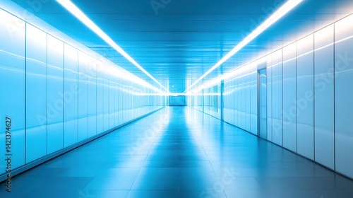 Fototapeta Naklejka Na Ścianę i Meble -  Futuristic space station corridor, with glowing blue neon panels and clean white surfaces, showing retro-futuristic design and cinematic lighting effects, empty but full of advanced sci-fi atmosphere.