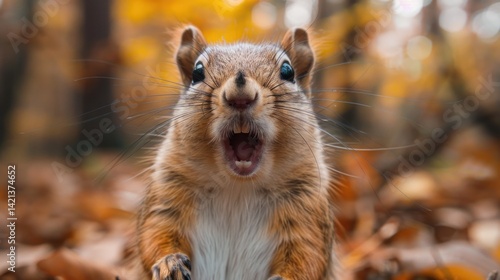 Excited squirrel with mouth wide open in autumn leaves.