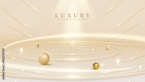 Luxury cream background with gold frame line elements and curve and bokeh light effect decoration with realistic 3D golden ball elements.