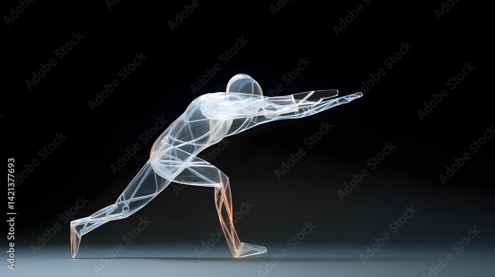 Naklejka premium A transparent glass figurine depicting a human figure in a dynamic mid air jumping pose sharply illuminated and contrasted against a dark minimalist black background