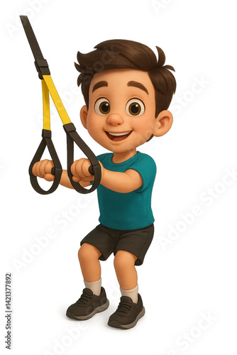 Happy boy exercising with TRX straps in a cheerful setting  