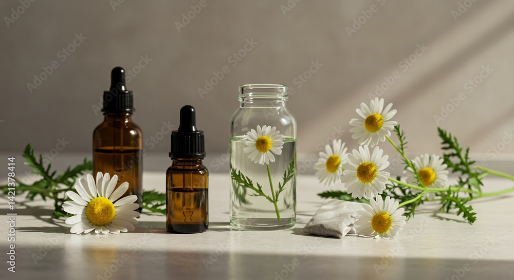 Derivative Products Mockup of Chamomile Matricaria chamomilla Highlighting Flower and Leaf Structure Featuring Amber and Clear Liquid Bottles