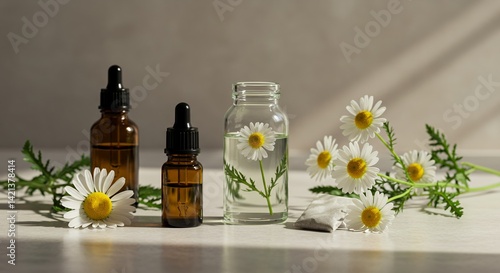 Obraz na płótnie Derivative Products Mockup of Chamomile Matricaria chamomilla Highlighting Flower and Leaf Structure Featuring Amber and Clear Liquid Bottles w salonie