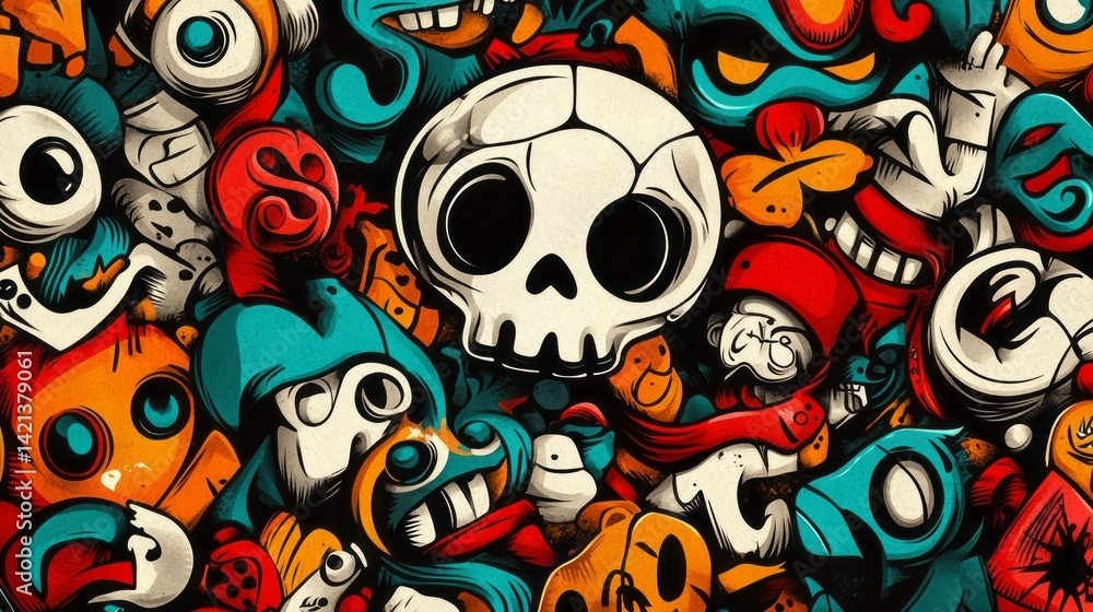 Obraz premium Chaotic and quirky cartoon characters and skull fill the frame