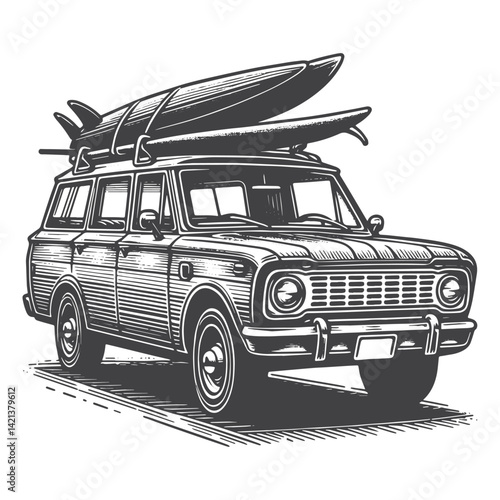 Vintage Hand-Drawn Retro Station Wagon with Surfboards on Roof Illustration – Classic Car Engraved Style Vector for T-Shirts, Posters, Stickers, and Automotive Apparel