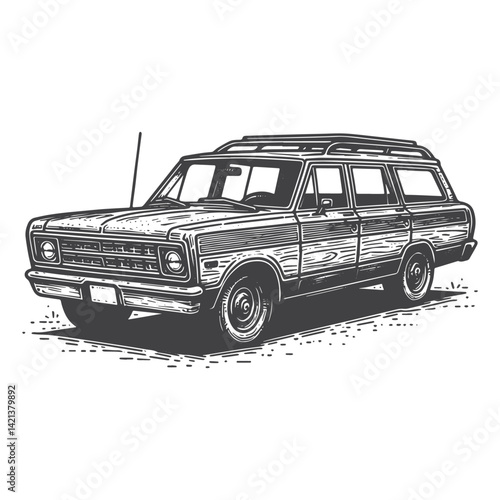 Vintage Hand-Drawn Retro Station Wagon Side View Illustration – Classic Car Engraved Style Vector for T-Shirts, Posters, Stickers, and Automotive Apparel