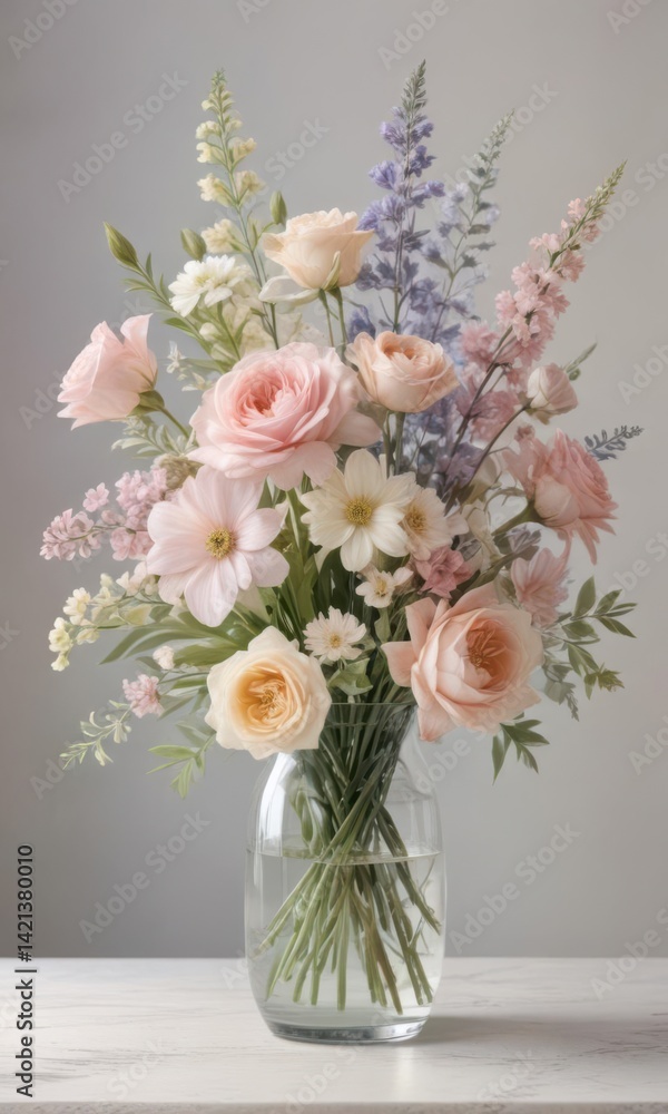 Obraz premium Pastel watercolor floral arrangement in a glass vase, subtle color palette , flower, artistic, art