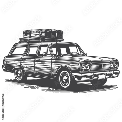 Vintage Hand-Drawn Retro Station Wagon Side View Illustration – Classic Car Engraved Style Vector for T-Shirts, Posters, Stickers, and Automotive Apparel