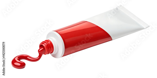 Red Paint Tube Squeezed Out with Glossy Flowing Texture. A tube of paint with squeezed out red paint.