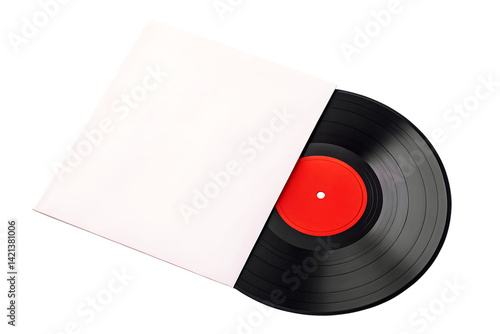 Blank Vinyl Record with White Sleeve on Black Background. Record in a white paper jacket