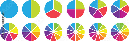 Circle pie chart diagram. Circle section graph. 1,2,3,4,5,6,7,8,9,10,11,12 sections or steps. Colorful Pie chart set. Circular chart. Flat process cycle. Progress sectors. Vector infographic set