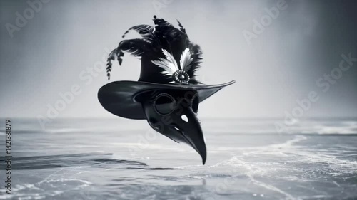 the stillness of ice a plague doctor mask drifting in frozen emptiness