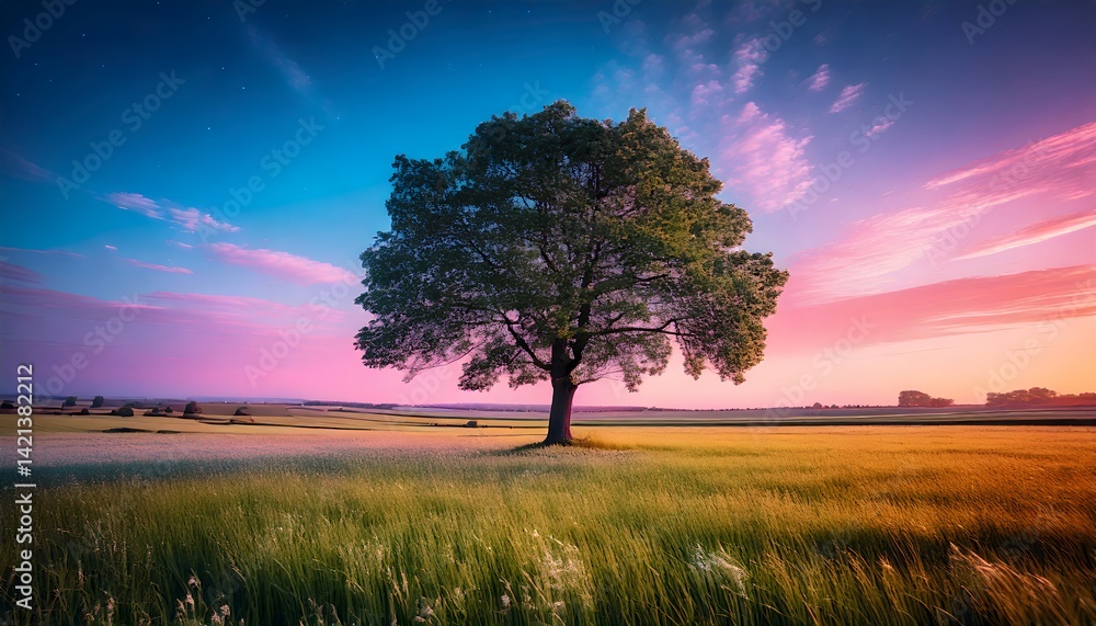 Obraz premium Serene sunset landscape single tree in vibrant field peaceful evening sky soft light beautiful