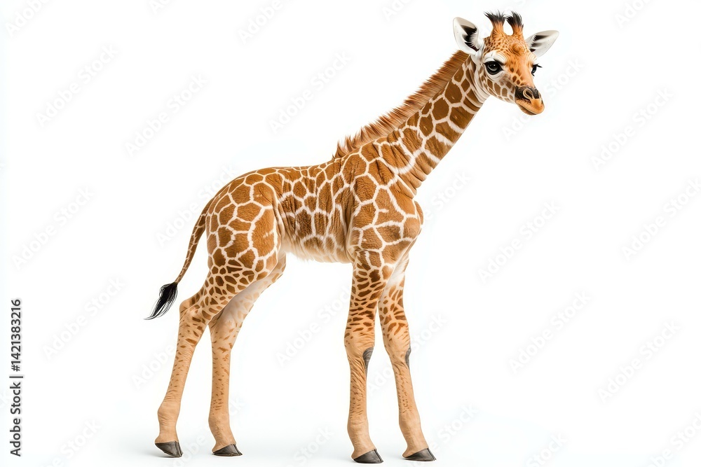 Fototapeta premium Curious baby giraffe standing gracefully against a white background.