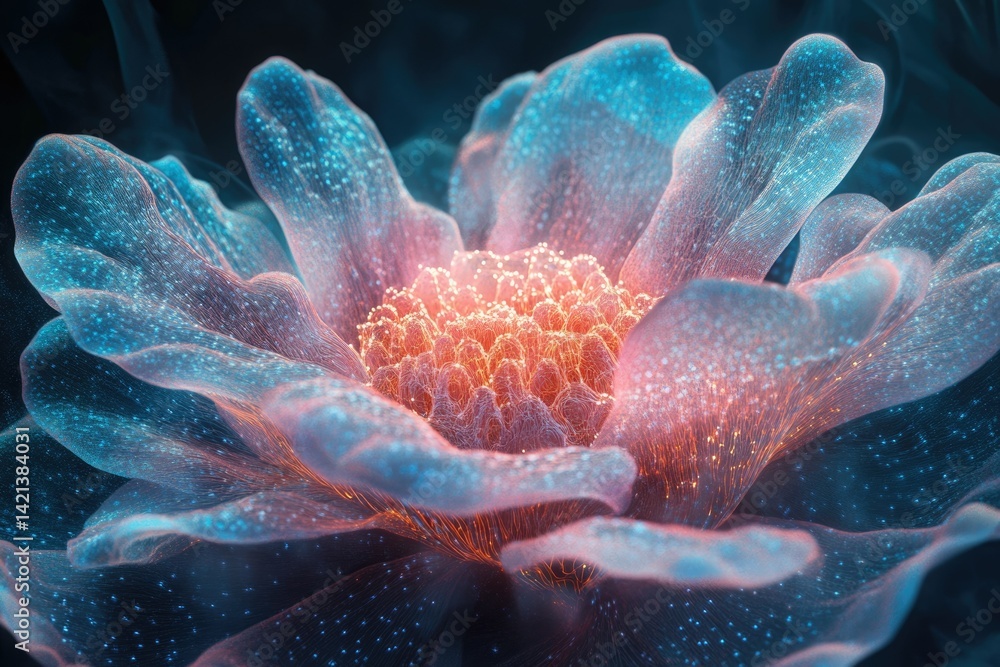 Naklejka premium A mesmerizing close-up of a luminous, ethereal flower with glowing petals and intricate details.