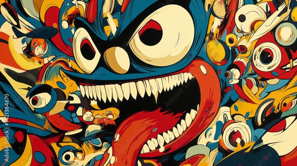 Obraz premium Colorful abstract cartoon face with sharp teeth and tongue