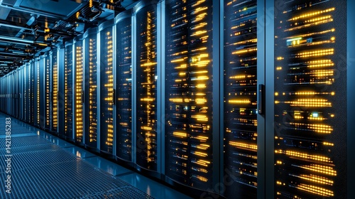 Modern data center interior featuring glowing server racks