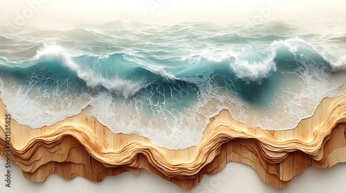Waves breaking on sculpted wooden shore high resolution photo