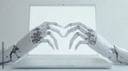 Futuristic robotic hands grip a sleek white laptop at an angle, showcasing detailed metallic joints and glowing accents on a clean white background. High-res tech shot.