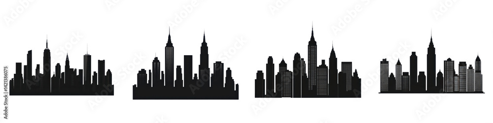 Naklejka premium Silhouette of a modern city skyline with high-rise buildings. long_title:Silhouette of a dense, modern city skyline featuring a cluster of tall