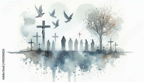 All Saints’ Day Honors all saints, known and unknown., Watercolor christian illustration of jesus christ crucifixion and doves of peace art