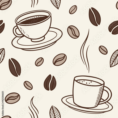 Coffee cups and beans seamless vector pattern in brown tones  
