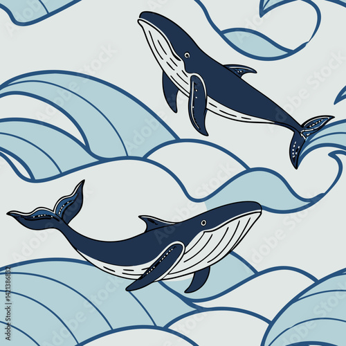 Seamless vector pattern of whales swimming among waves  