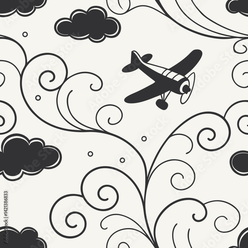 Seamless vector pattern featuring airplane and clouds  