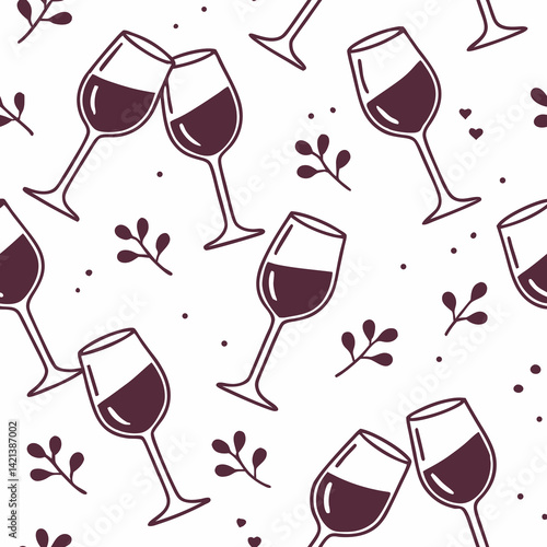 Seamless wine glass pattern with botanical elements in red tones  