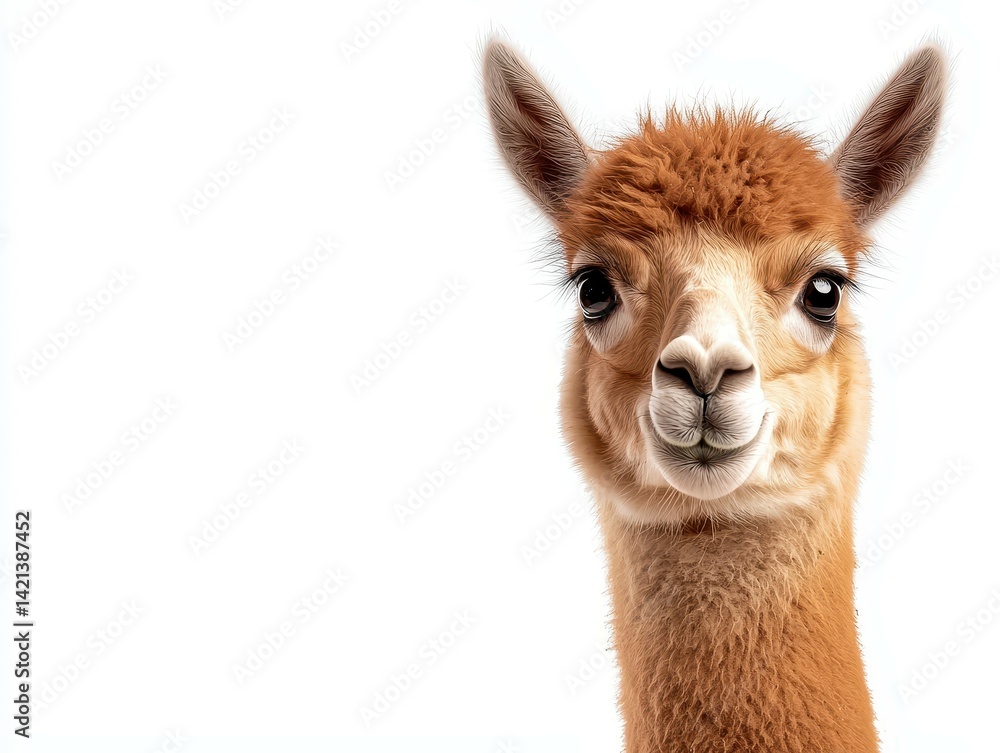 Obraz premium Close-up of a cute, inquisitive brown llama with big eyes against a white background.