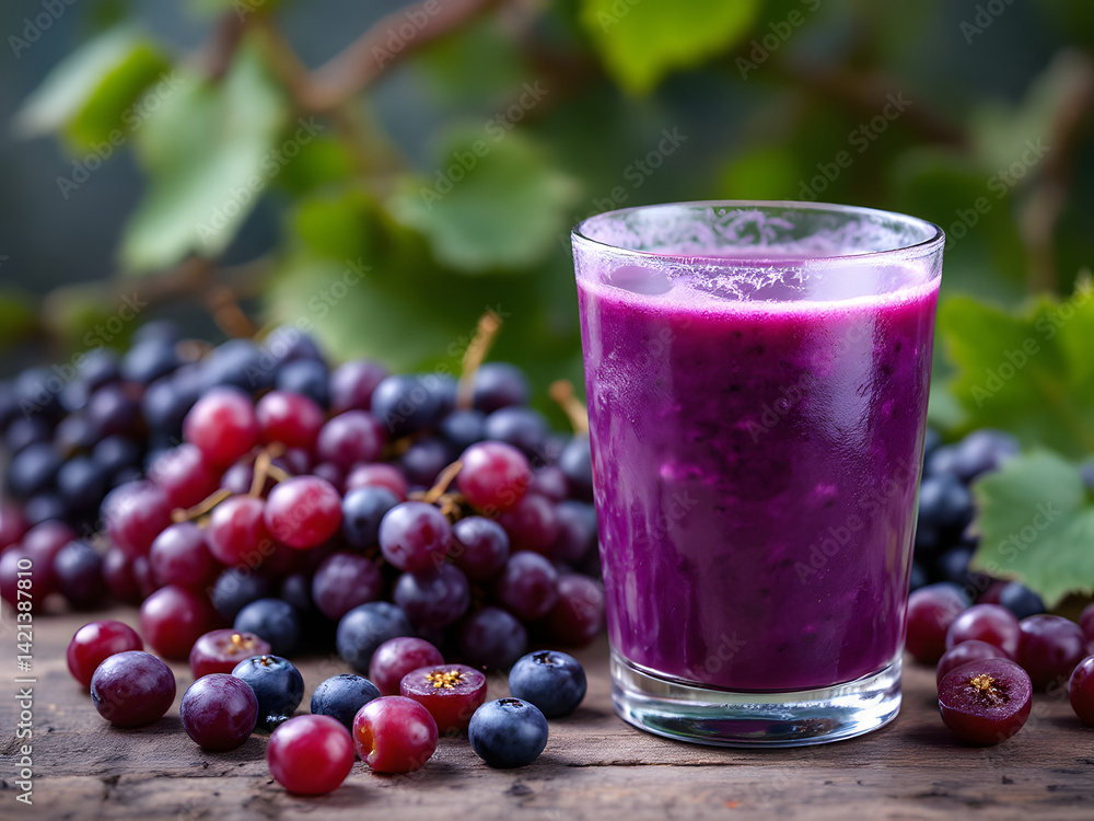 Fresh grape juice in glass with grapes on rustic table healthy drink Fresh grape juice in glass with grapes on rustic table healthy drink