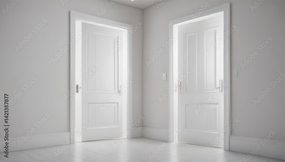 Fototapeta premium White door collection, open & closed, crisp white setting , hallway, frames
