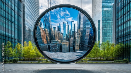 Cityscape reflected in metal circle modern architecture urban design infrastructure abstract art and minimalism background of glass buildings and green trees 