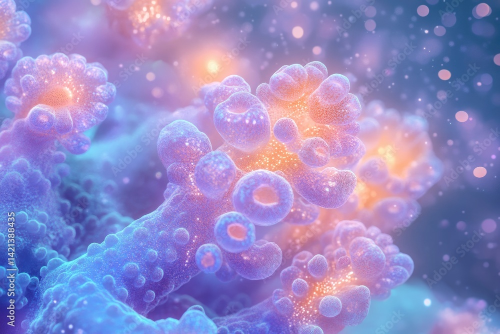 Microscopic view of vibrant, glowing cellular structures, resembling abstract coral or a bioluminescent organism.