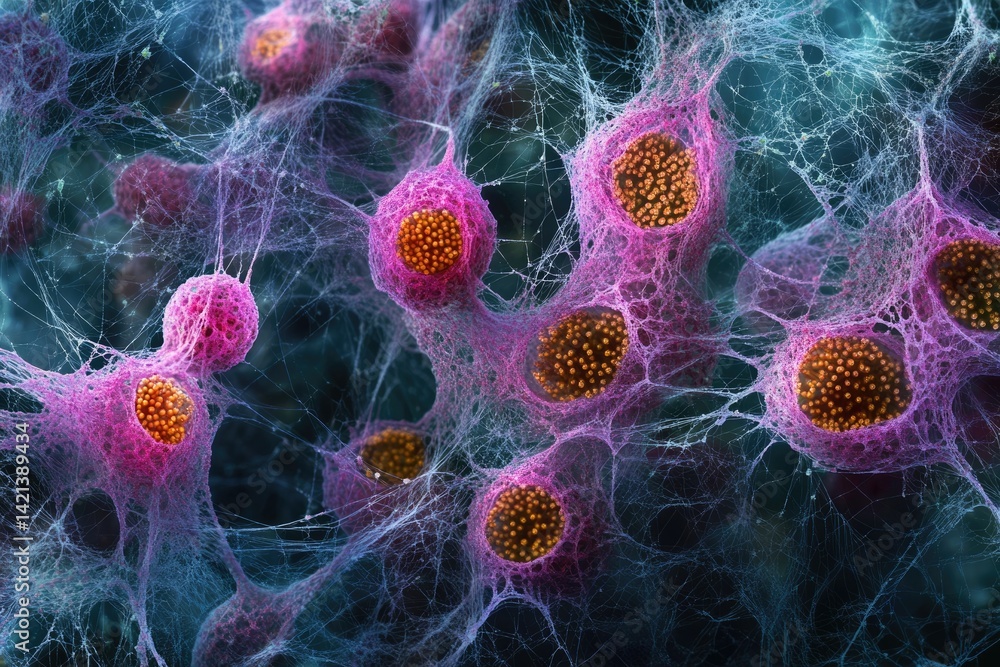 Microscopic image showing cells interconnected by a complex web-like extracellular matrix.