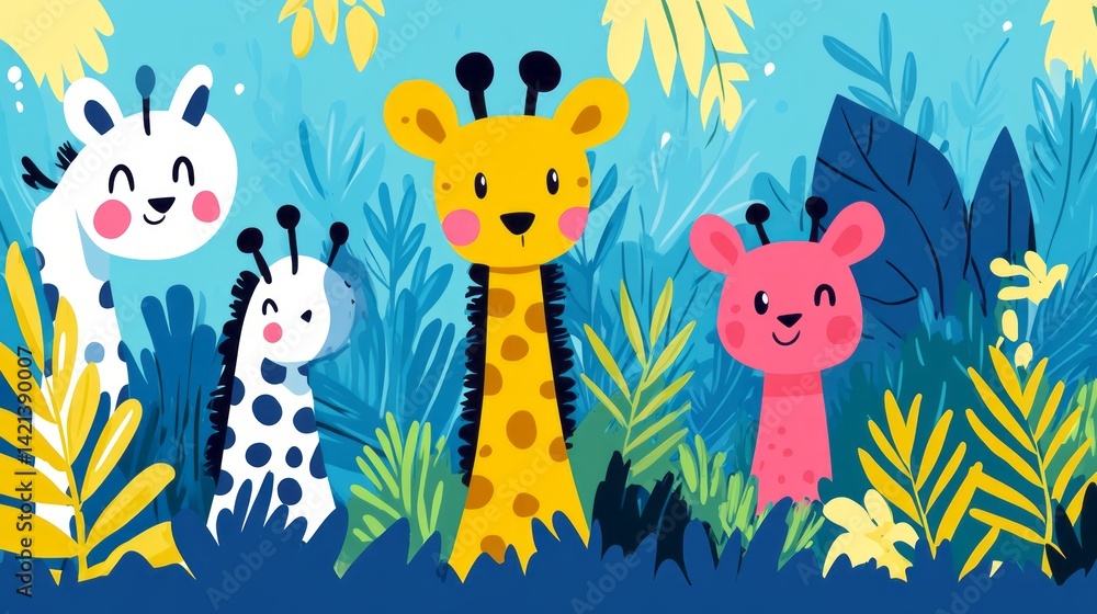Naklejka premium Colorful cartoon giraffes standing in a lush vibrant jungle