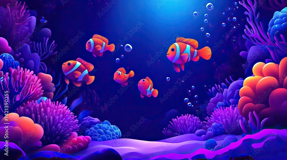 Fototapeta premium Vibrant Underwater Scene with Clownfish and Coral Reefs: A Digital Painting of an Ocean Paradise
